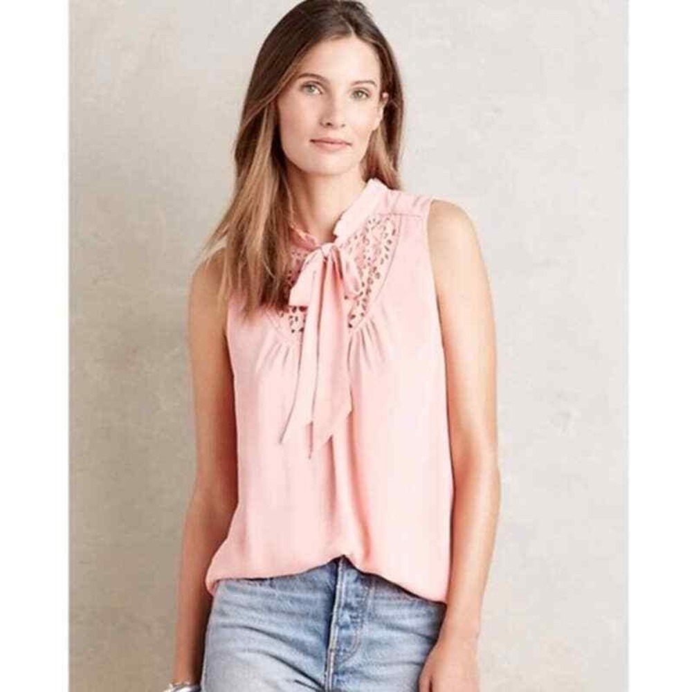Anthropologie Maeve Womens Top Size 2 Pink Luca Eyelet Tie Neck Sleeveless